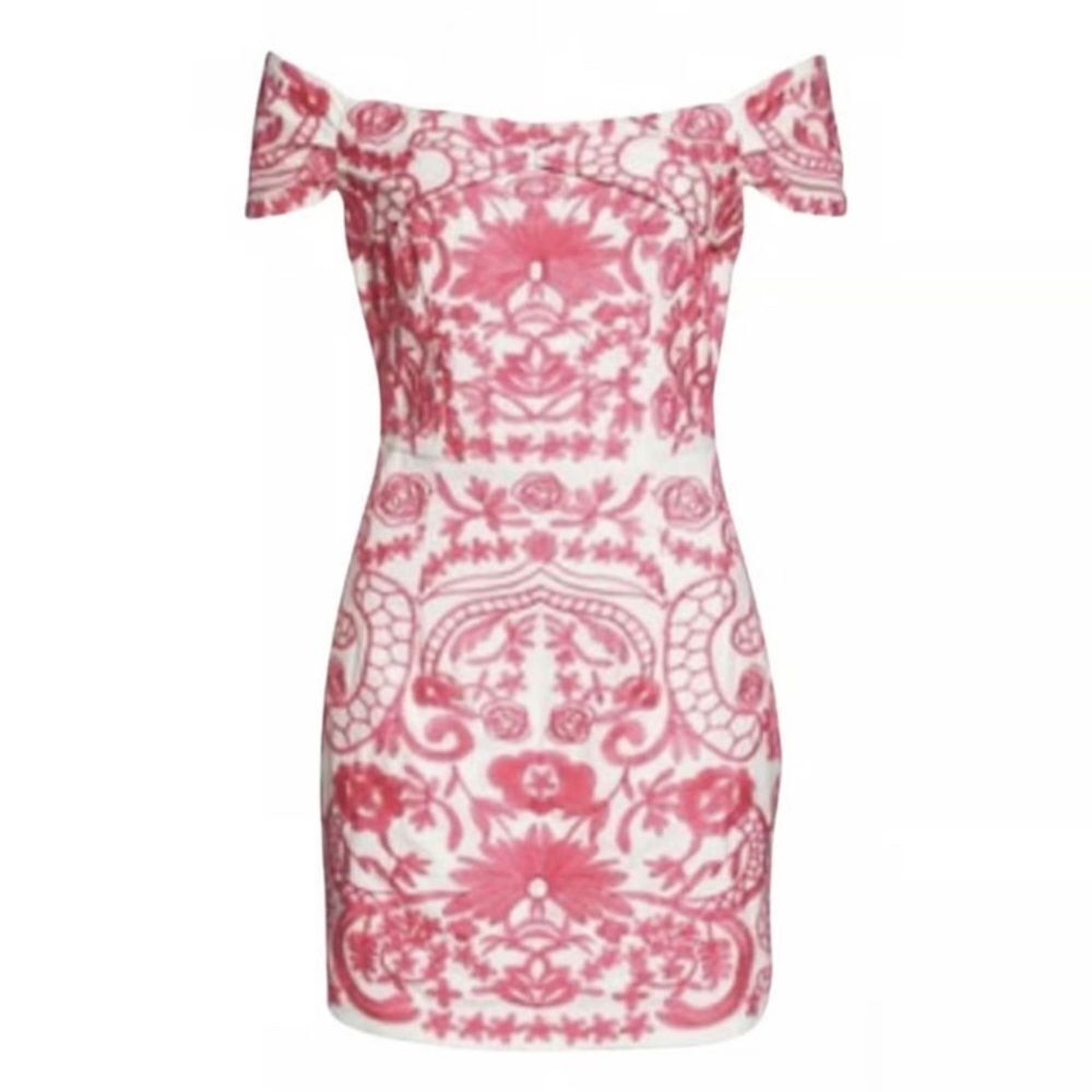 Foxiedox pink floral embroidered off-shoulder mini dress